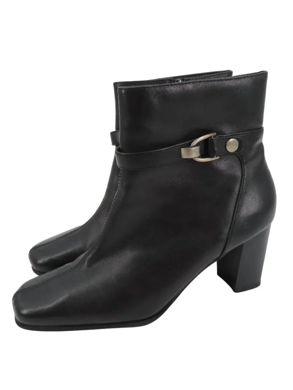 Nine & Co Women 8 M PHILLIPE Black Leather Ankle Boots Bootie Silver Block Heels